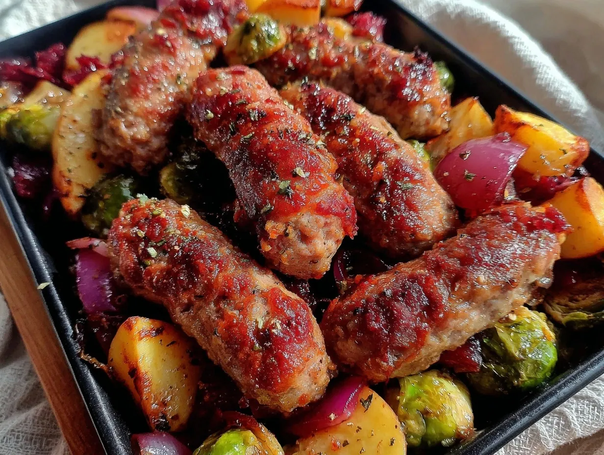 crispy sheet pan sausage apple brussels sprouts bake preparation steps