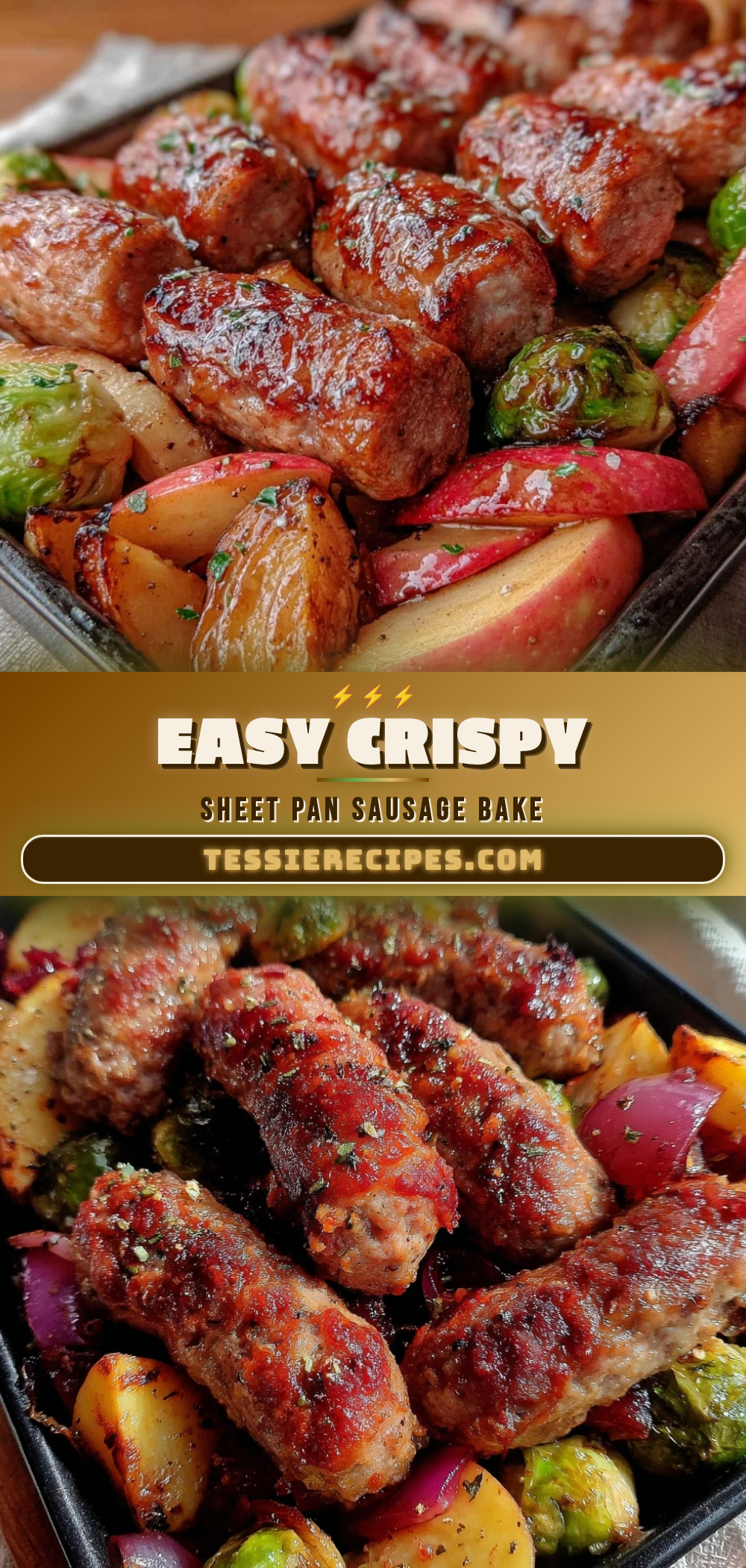 crispy sheet pan sausage apple brussels sprouts bake recipe