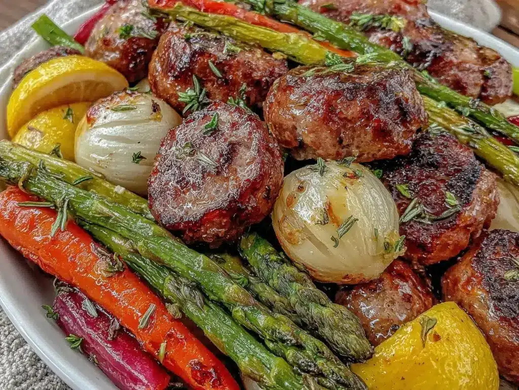 crispy sheet pan spring vegetables and sausage - featured image