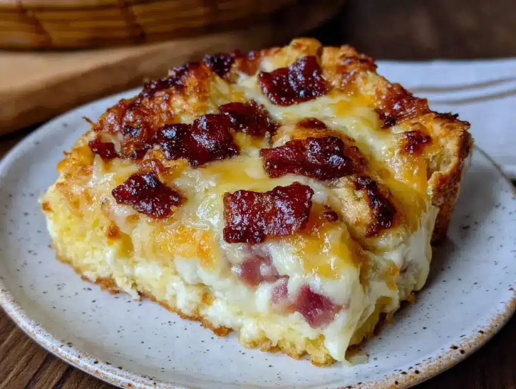 easy cheesy ham and cheese croissant casserole - featured image