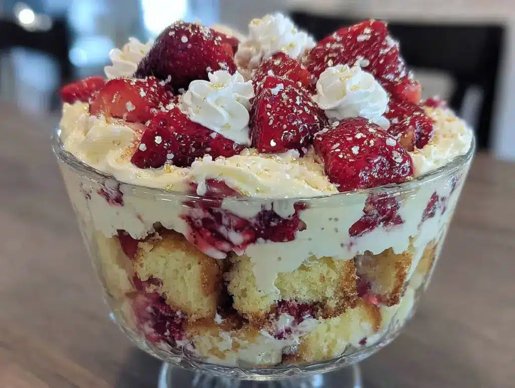 easy creamy strawberry shortcake trifle - featured image