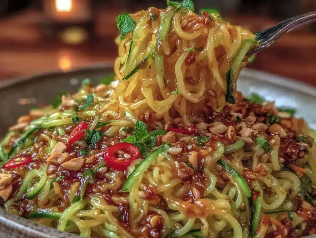 fresh thai peanut cucumber noodle salad - featured image