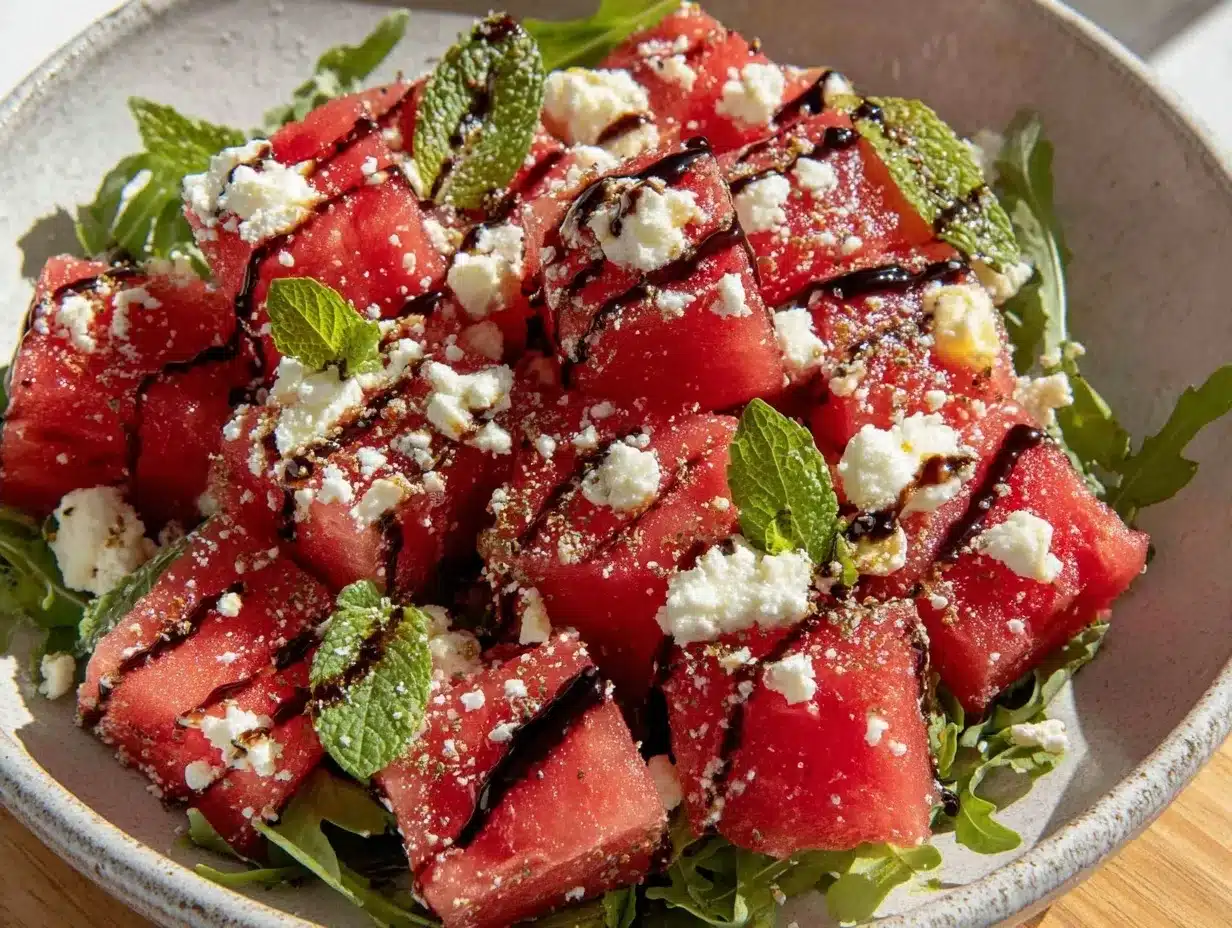 fresh watermelon feta mint arugula salad preparation steps