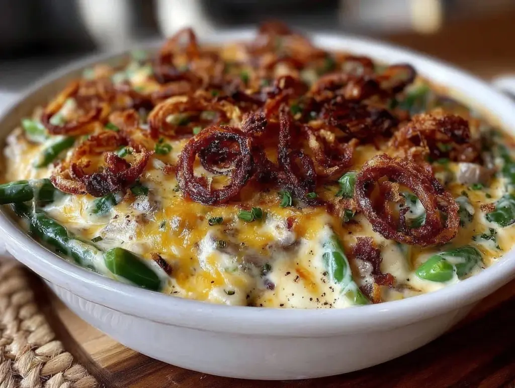 green bean casserole with crispy shallots - featured image