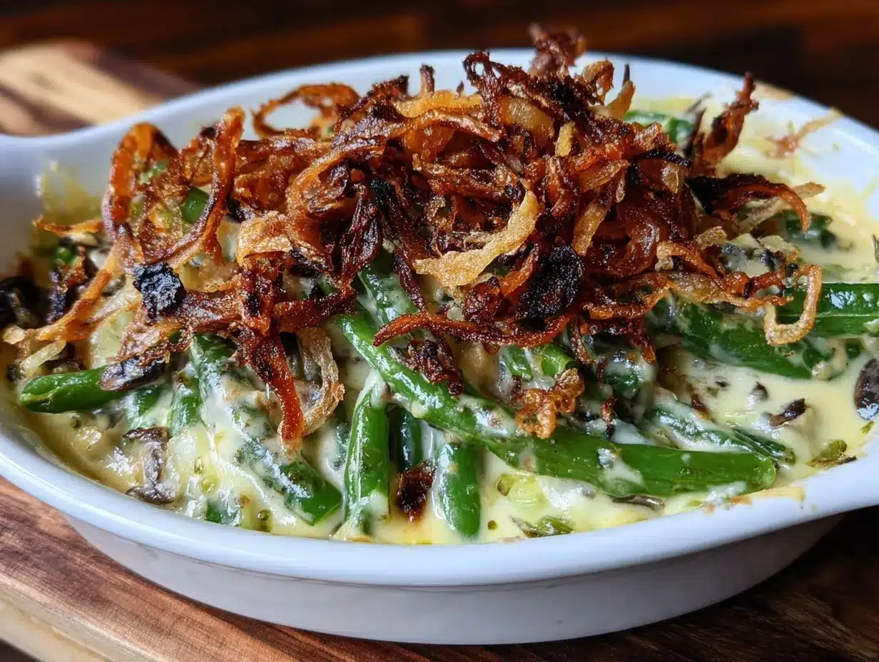 green bean casserole with crispy shallots preparation steps