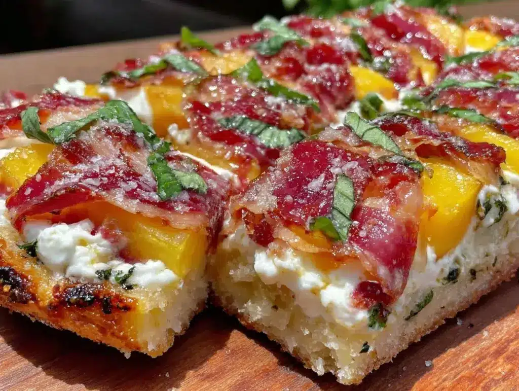 grilled peach prosciutto flatbread - featured image