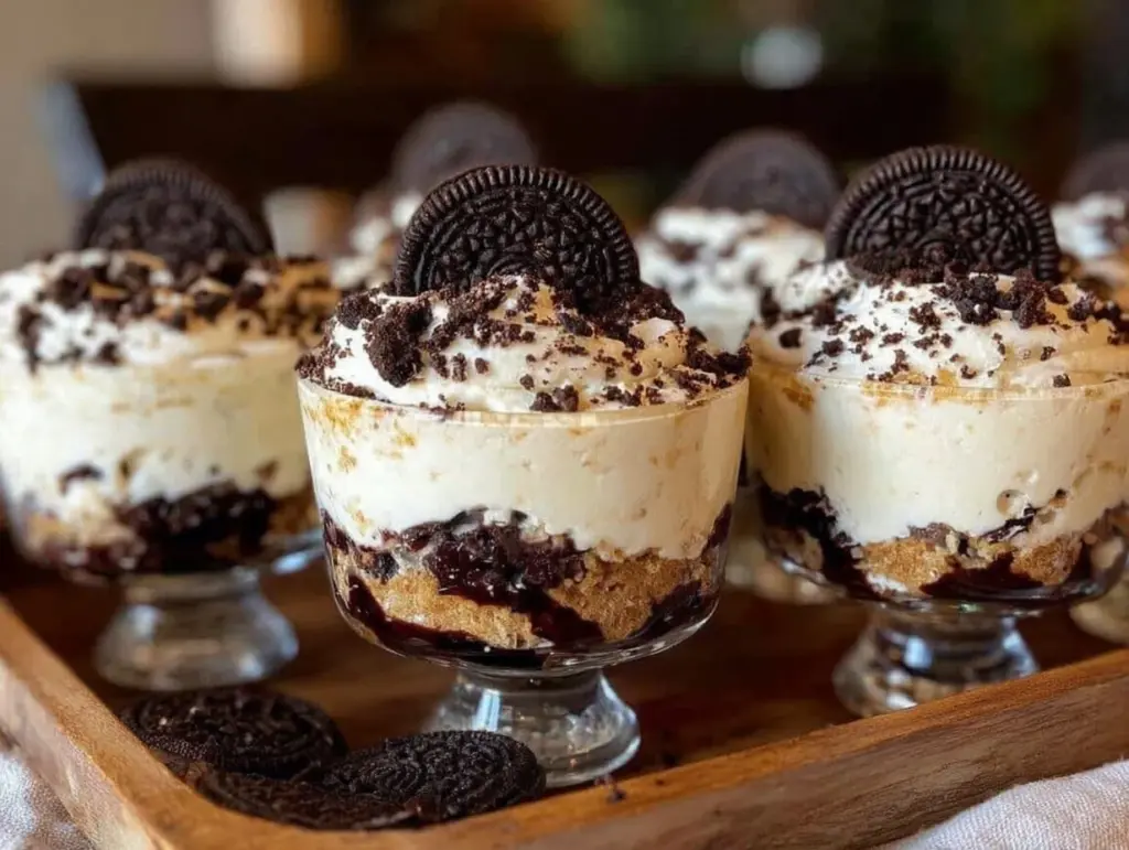 no bake cookies and cream dirt cake cups - featured image