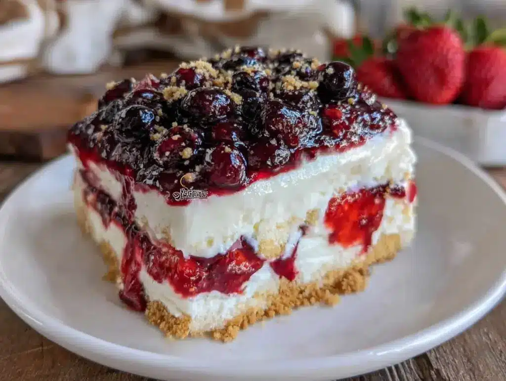red white and blue layered cheesecake icebox cake - featured image