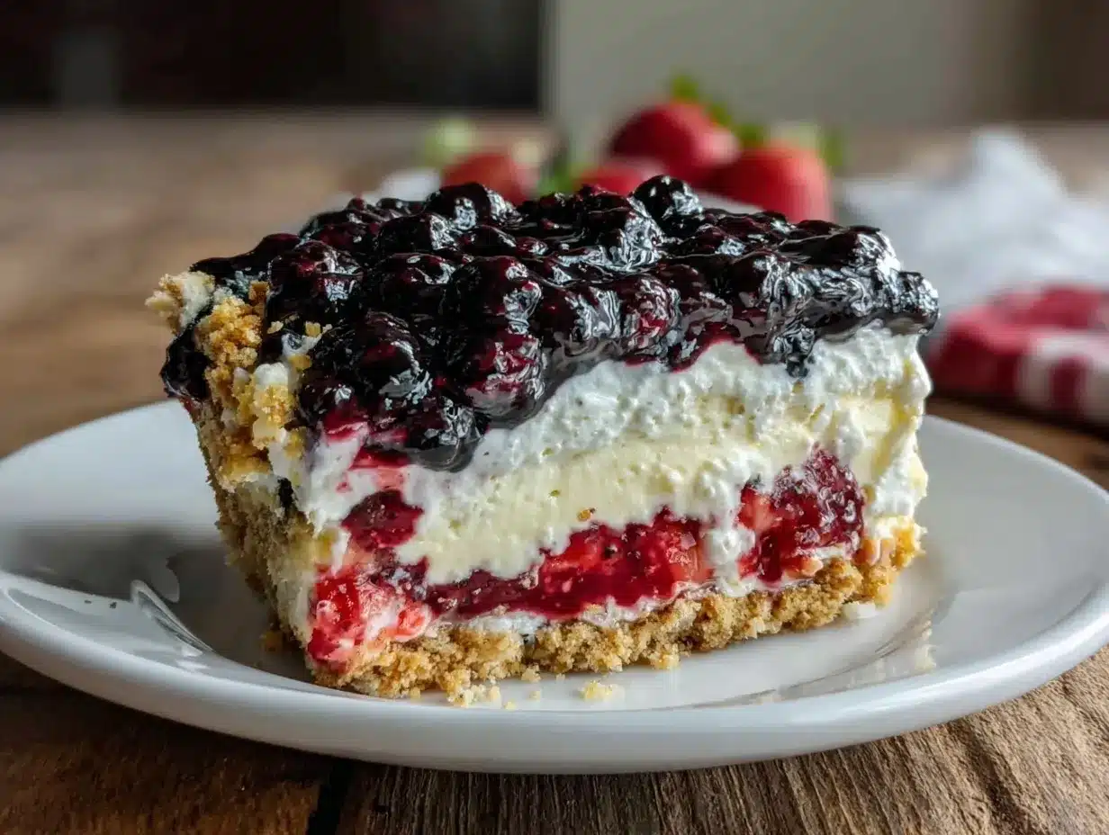 red white and blue layered cheesecake icebox cake preparation steps
