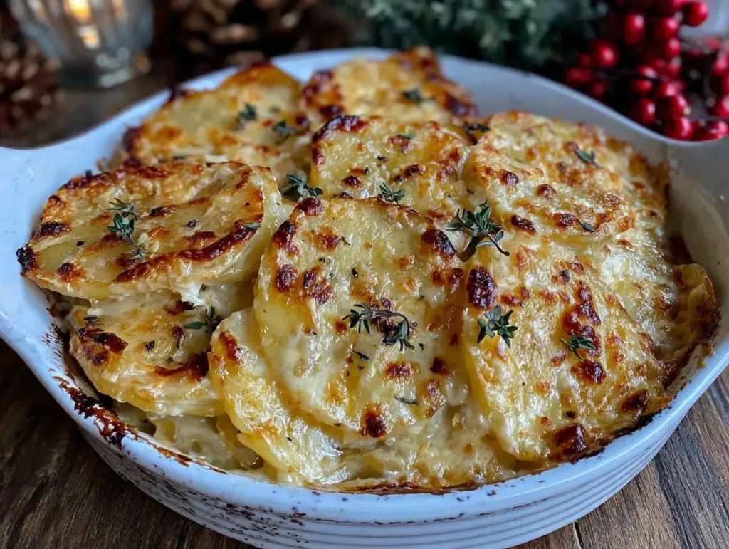 creamy brown butter scalloped potatoes with thyme - featured image