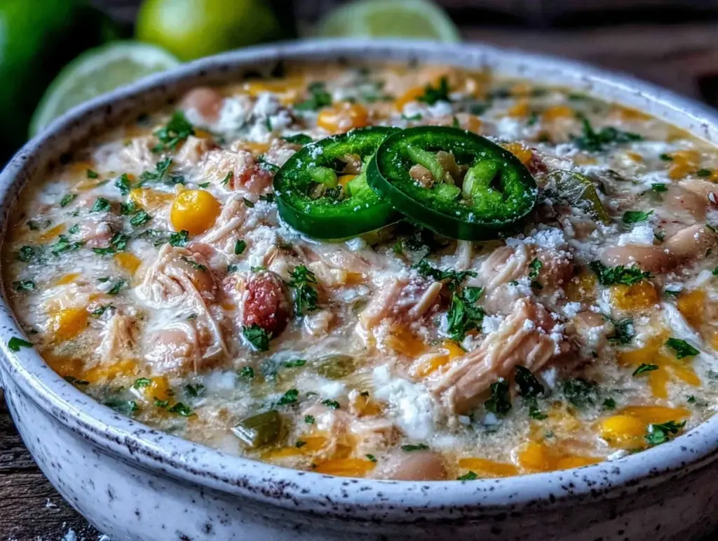 creamy crockpot white chicken chili without beans - featured image