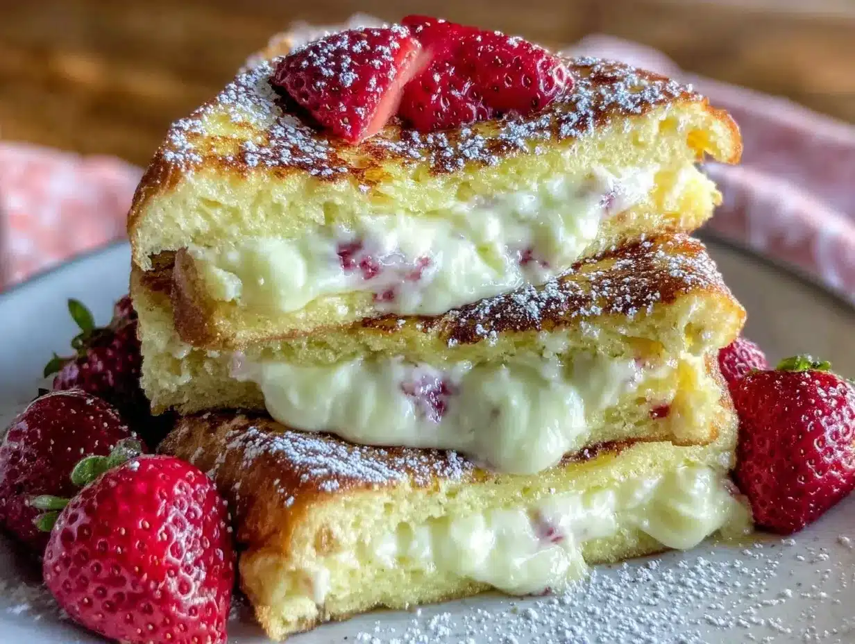 creamy strawberry cream cheese stuffed french toast preparation steps