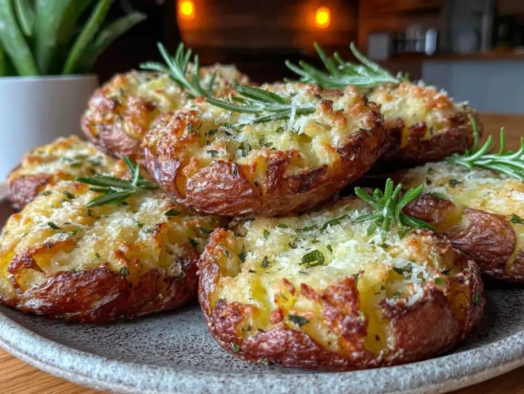crispy smashed garlic herb potatoes - featured image