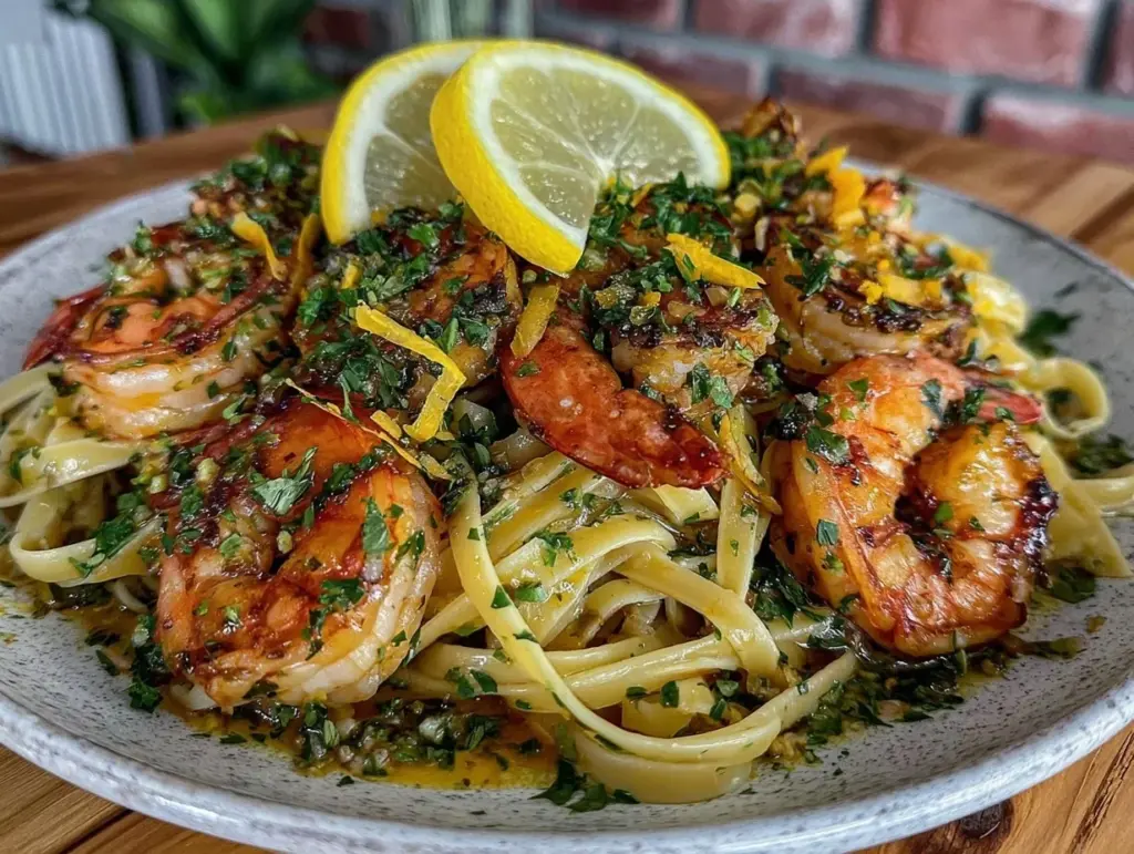 easy lemon garlic shrimp scampi linguine - featured image