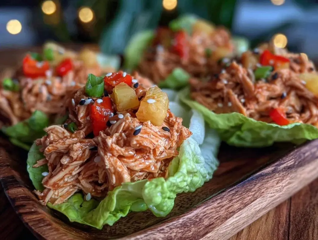 easy sweet crockpot Hawaiian chicken lettuce wraps - featured image