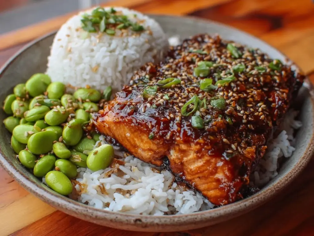 easy teriyaki salmon bowl - featured image