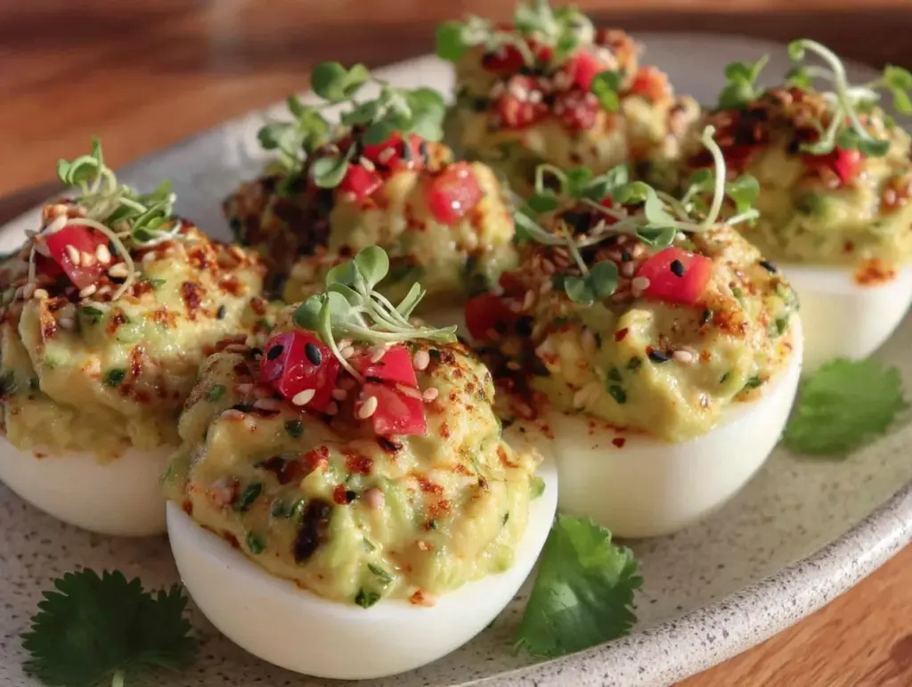 fresh avocado deviled eggs without mayo - featured image