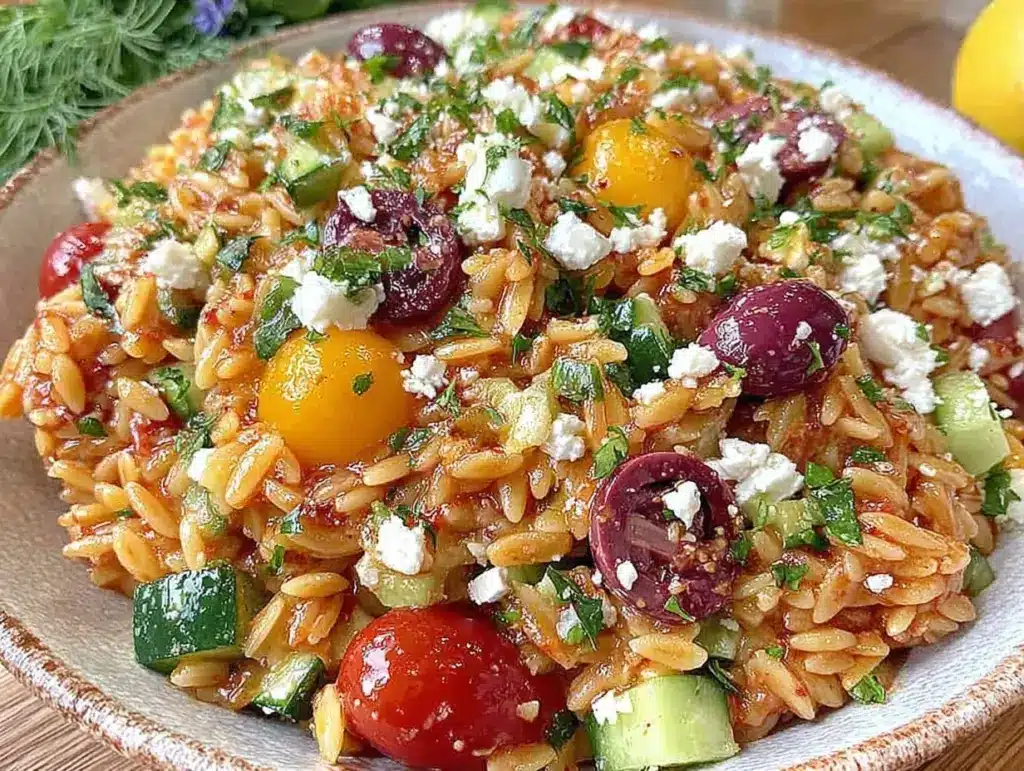 fresh mediterranean orzo pasta salad - featured image
