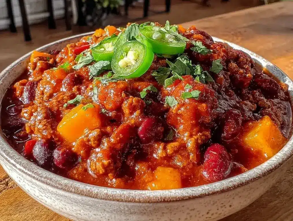 hearty crockpot turkey sweet potato chili - featured image