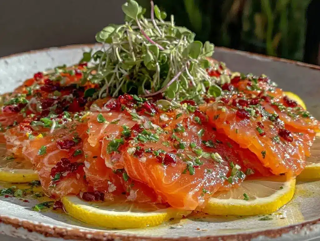 pink salt cured salmon crudo - featured image
