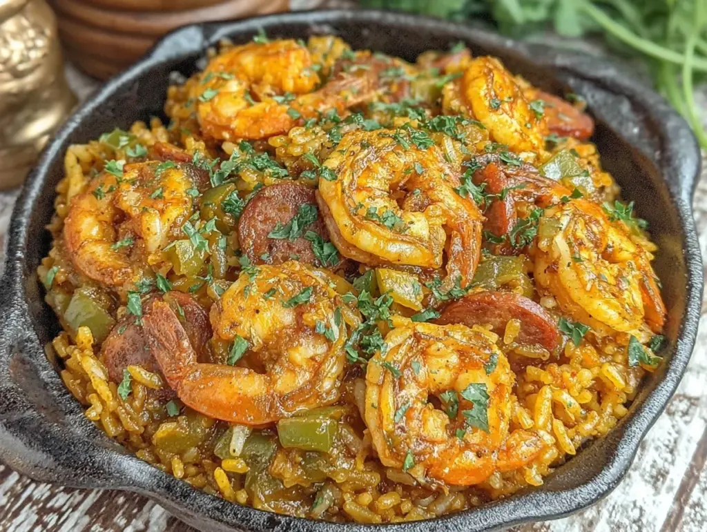 quick spicy shrimp and andouille jambalaya skillet - featured image