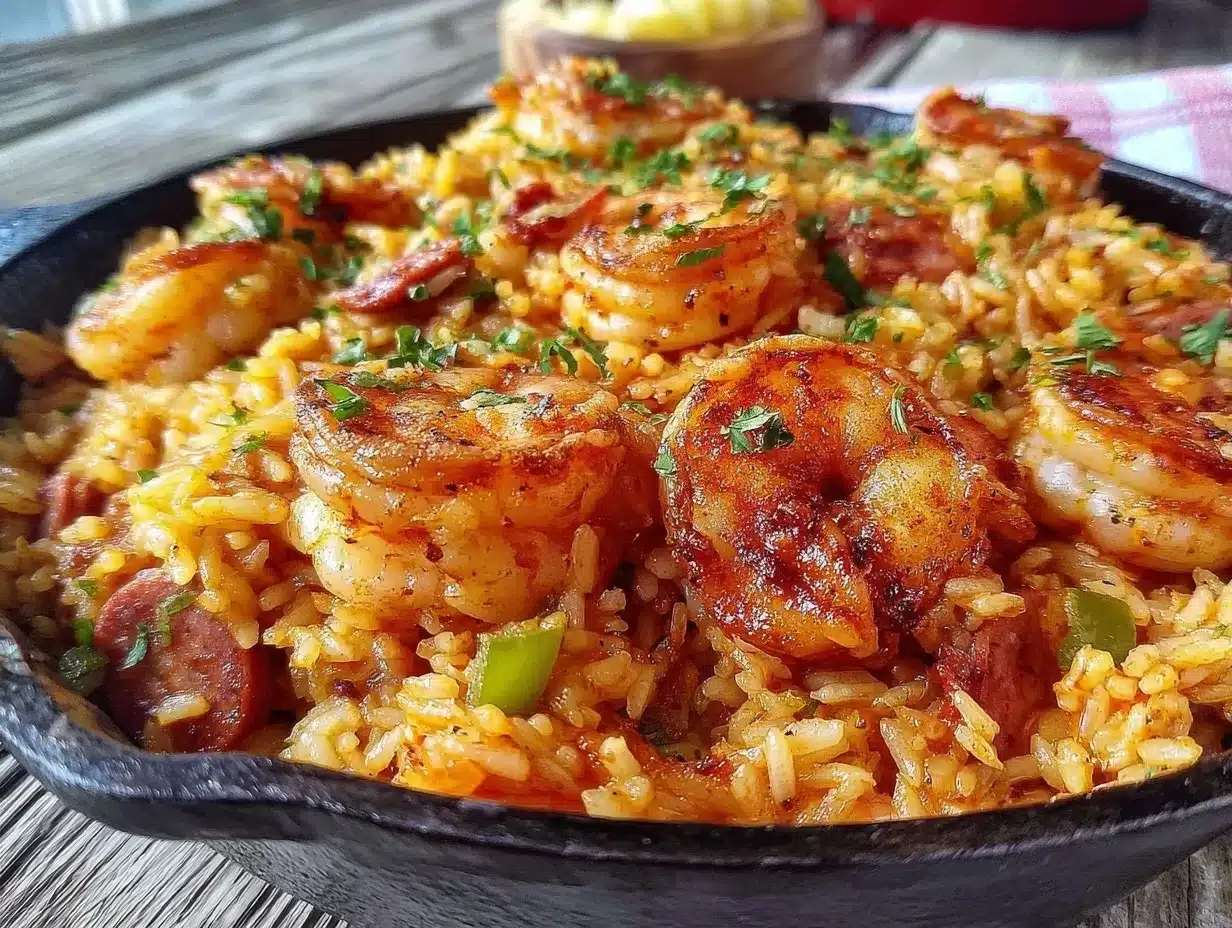 quick spicy shrimp and andouille jambalaya skillet preparation steps