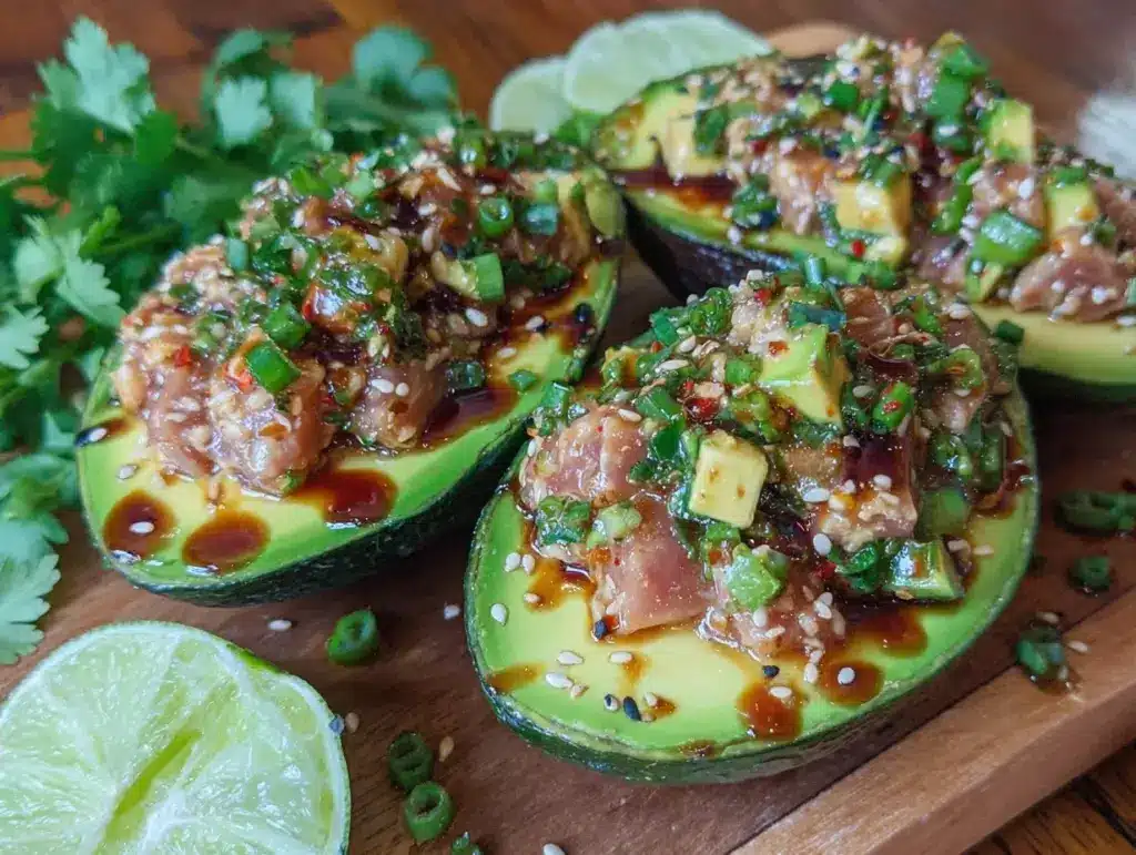 spicy tuna salad stuffed avocado - featured image